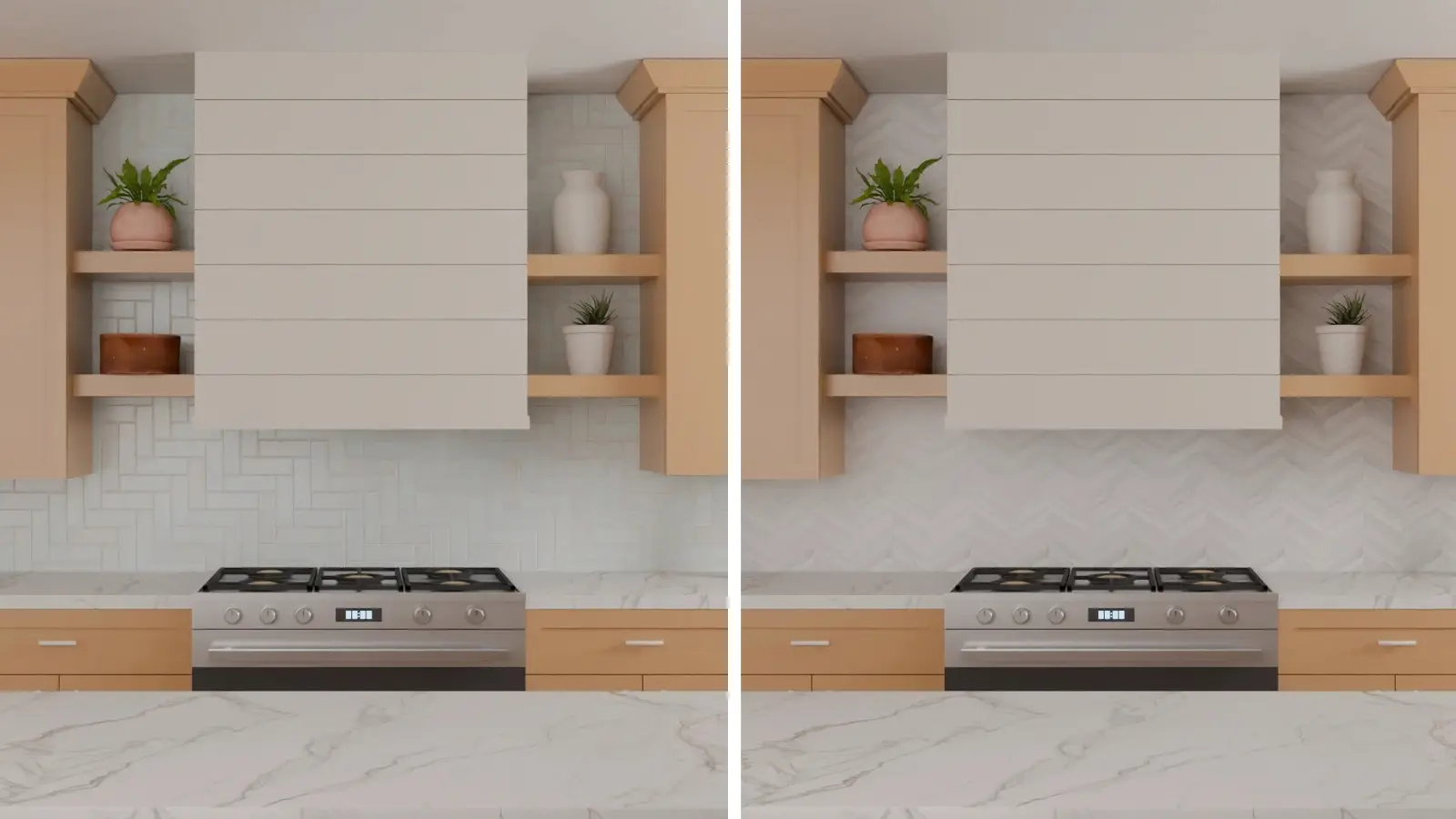 Herringbone versus chevron white tile kitchen backsplash
