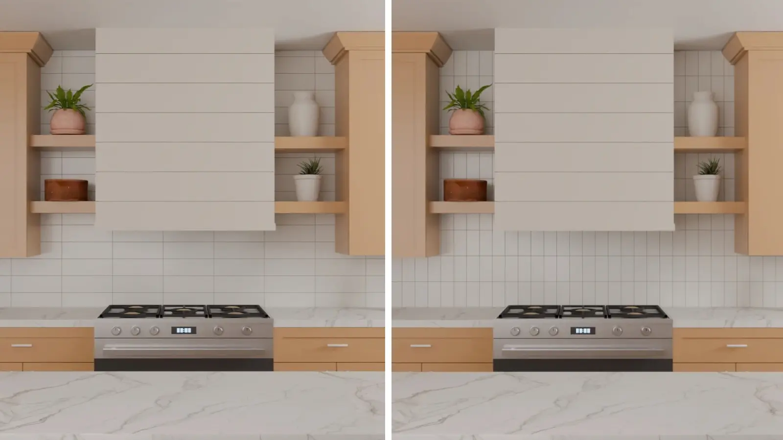 Horizontal versus vertical stacked white subway tile backsplash