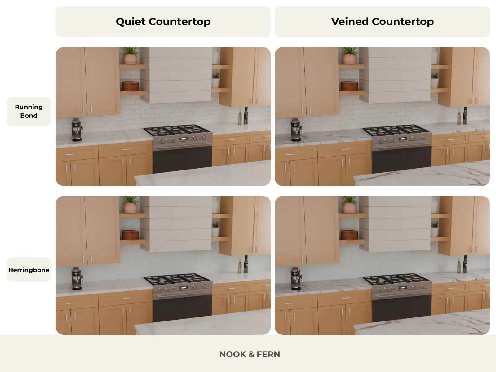 Four kitchen countertop and backsplash combinations comparing subtle and veined countertops with running bond and herringbone tile layouts.