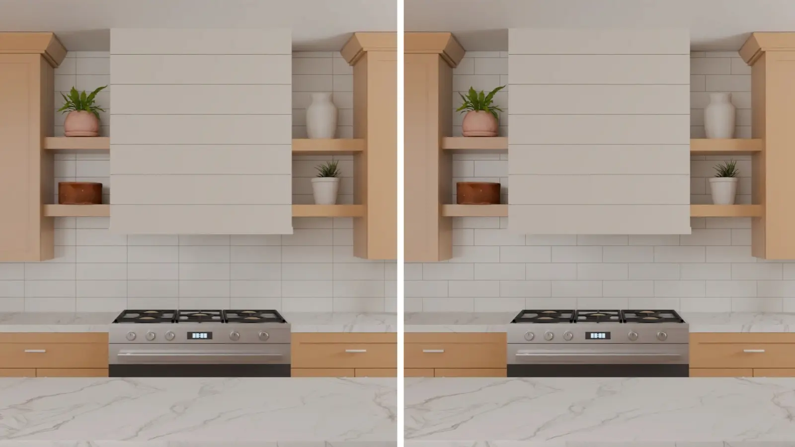 Large-format stacked versus running bond kitchen backsplash