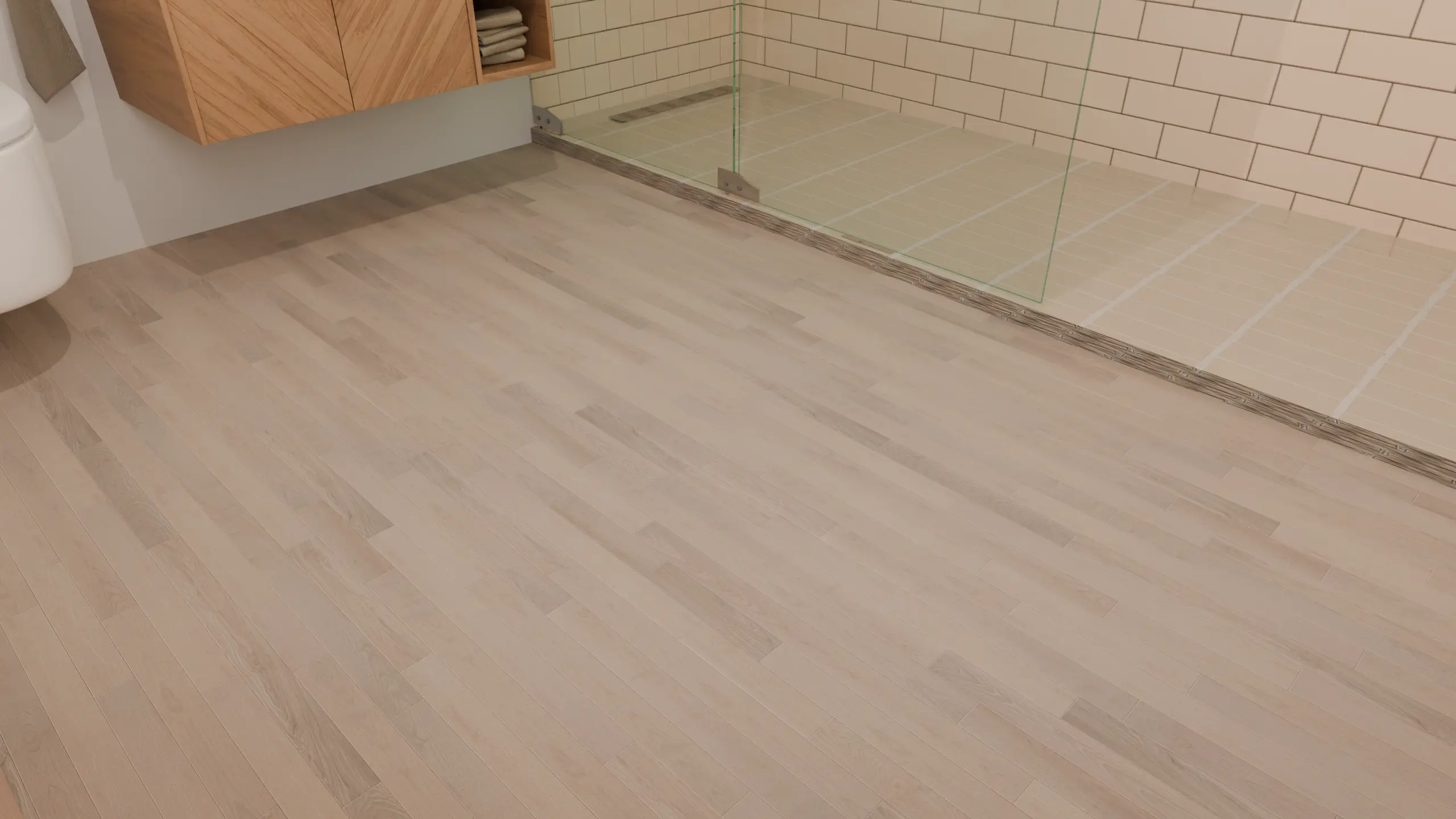 Close-up of light oak-look planks with visible grain and color variations beside the shower threshold.