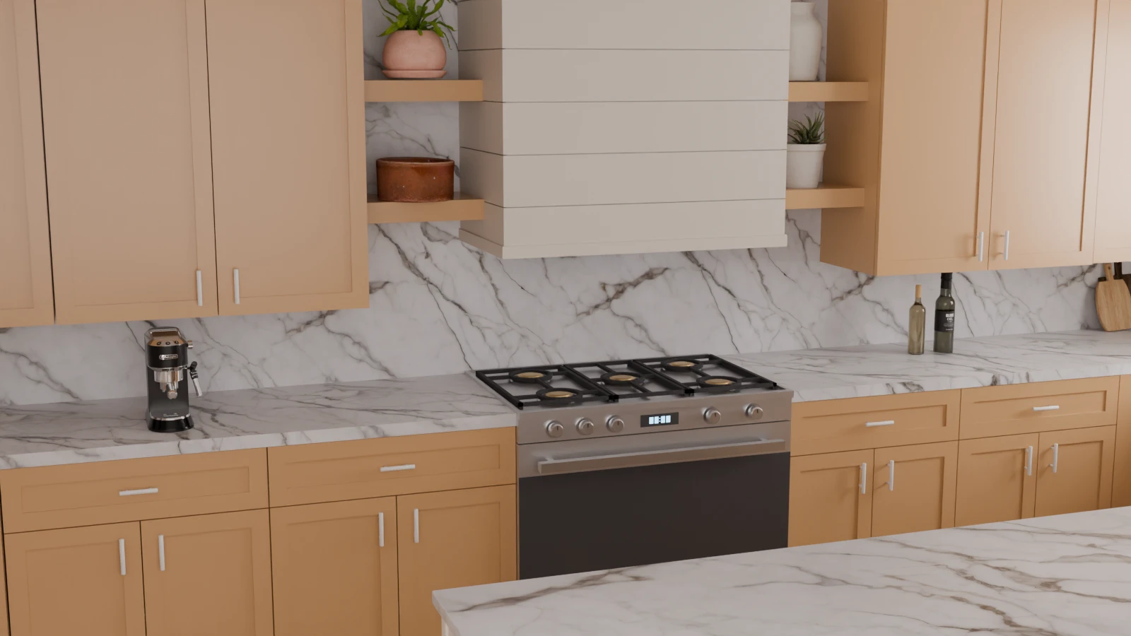 Warm modern kitchen with a veined white marble-look countertop and matching slab backsplash, complemented by beige Shaker cabinets.