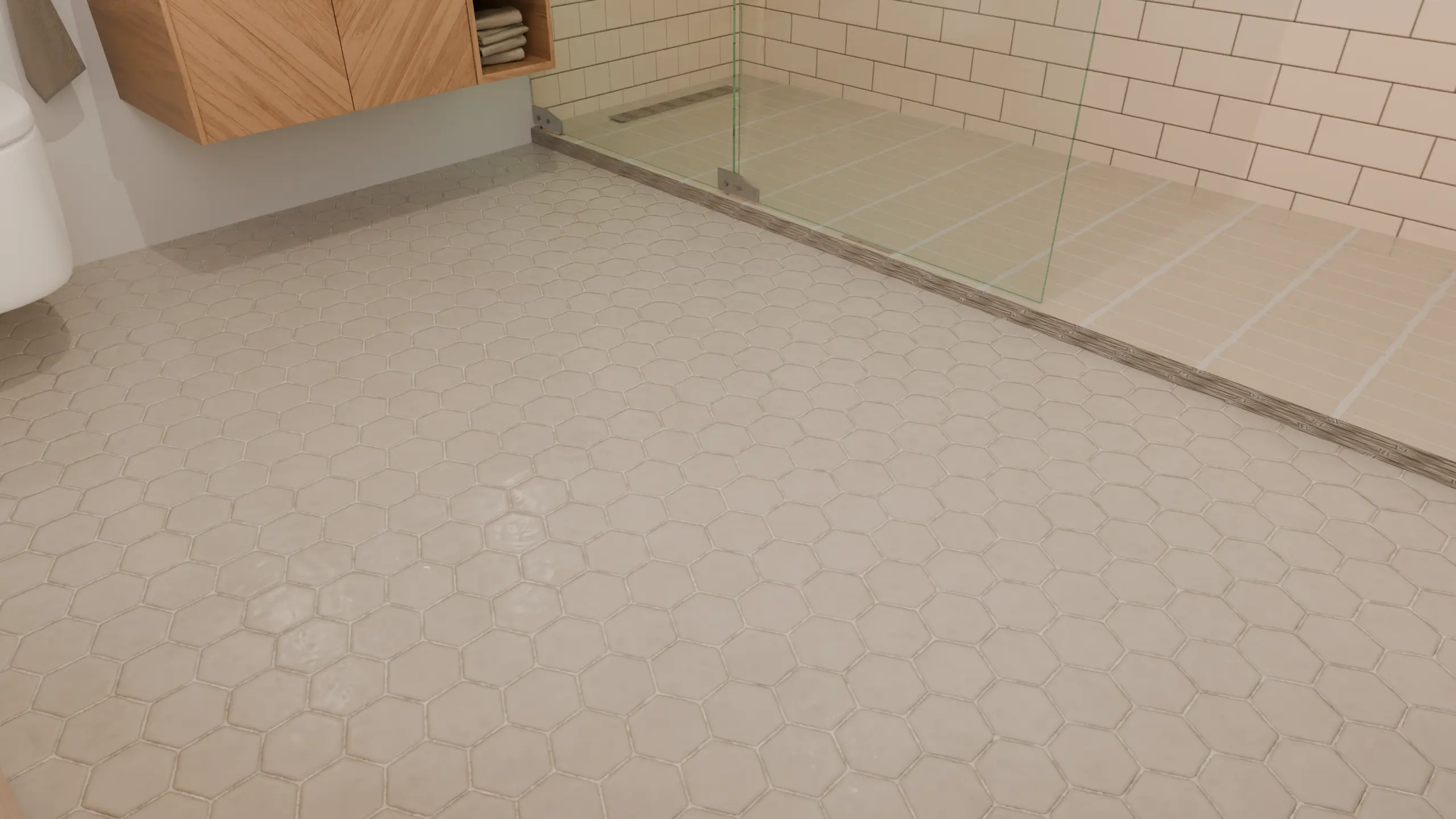 Close-up of off-white hexagonal floor tiles with pronounced edges and uneven surfaces in the visualization.