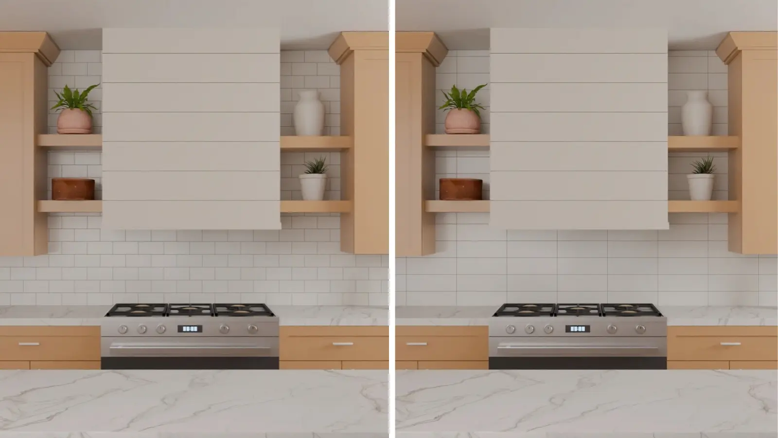 Running bond versus stacked white subway tile kitchen backsplash