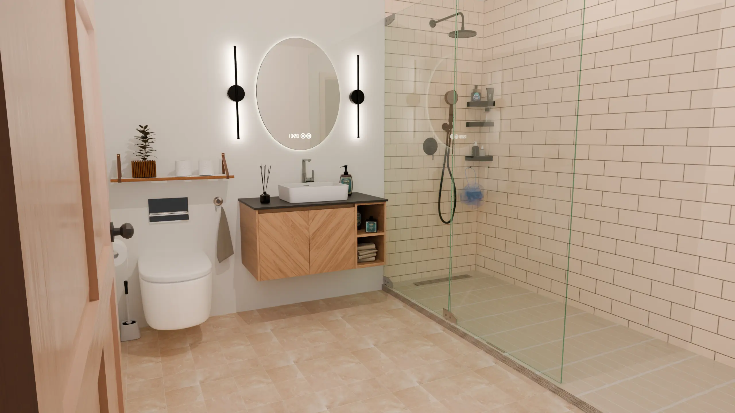 Small bathroom with beige stone-look floor tiles, a floating wood vanity, and a glass shower enclosure.