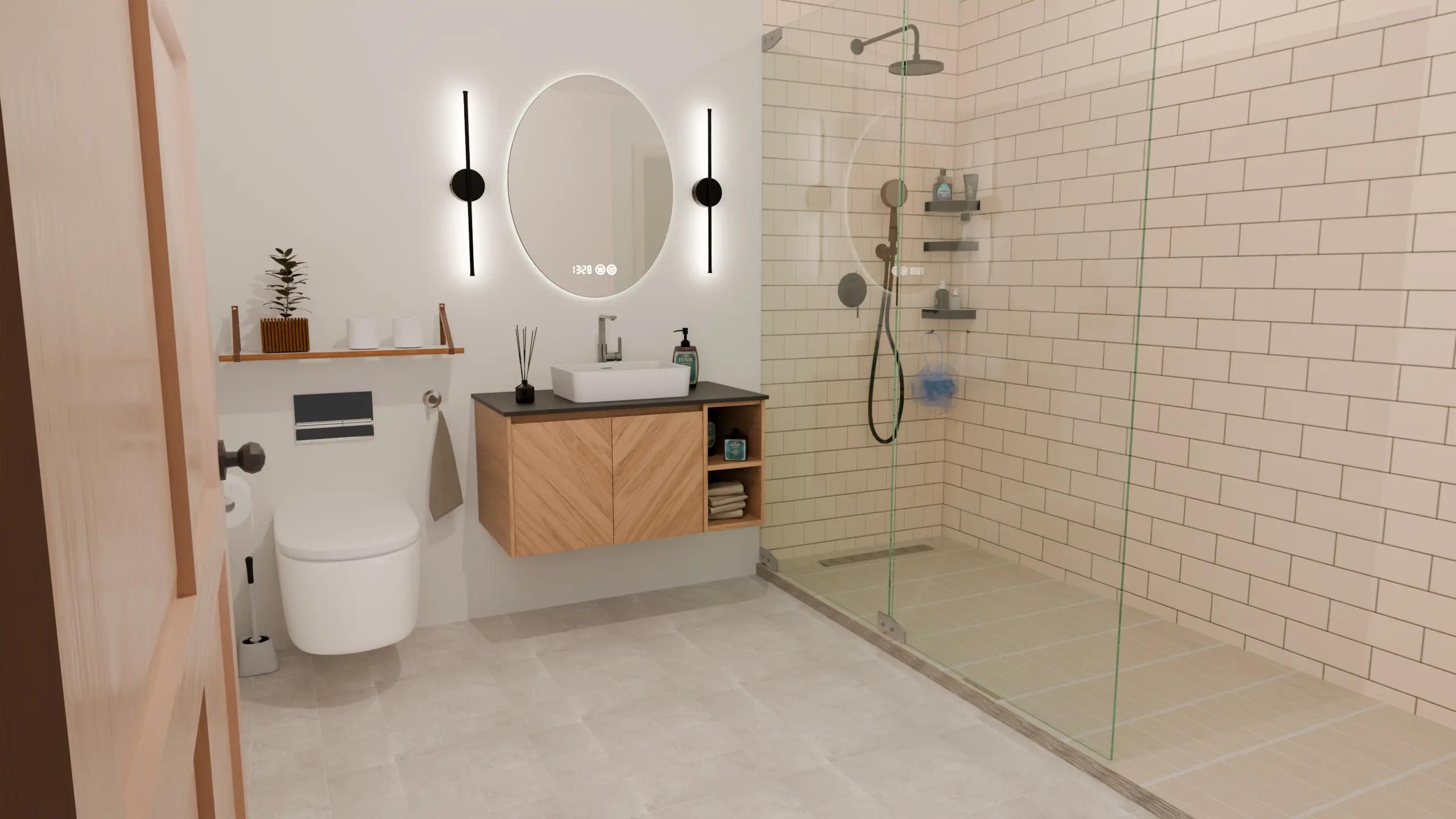 Small bathroom with light greige floor tiles and a warm wood vanity.
