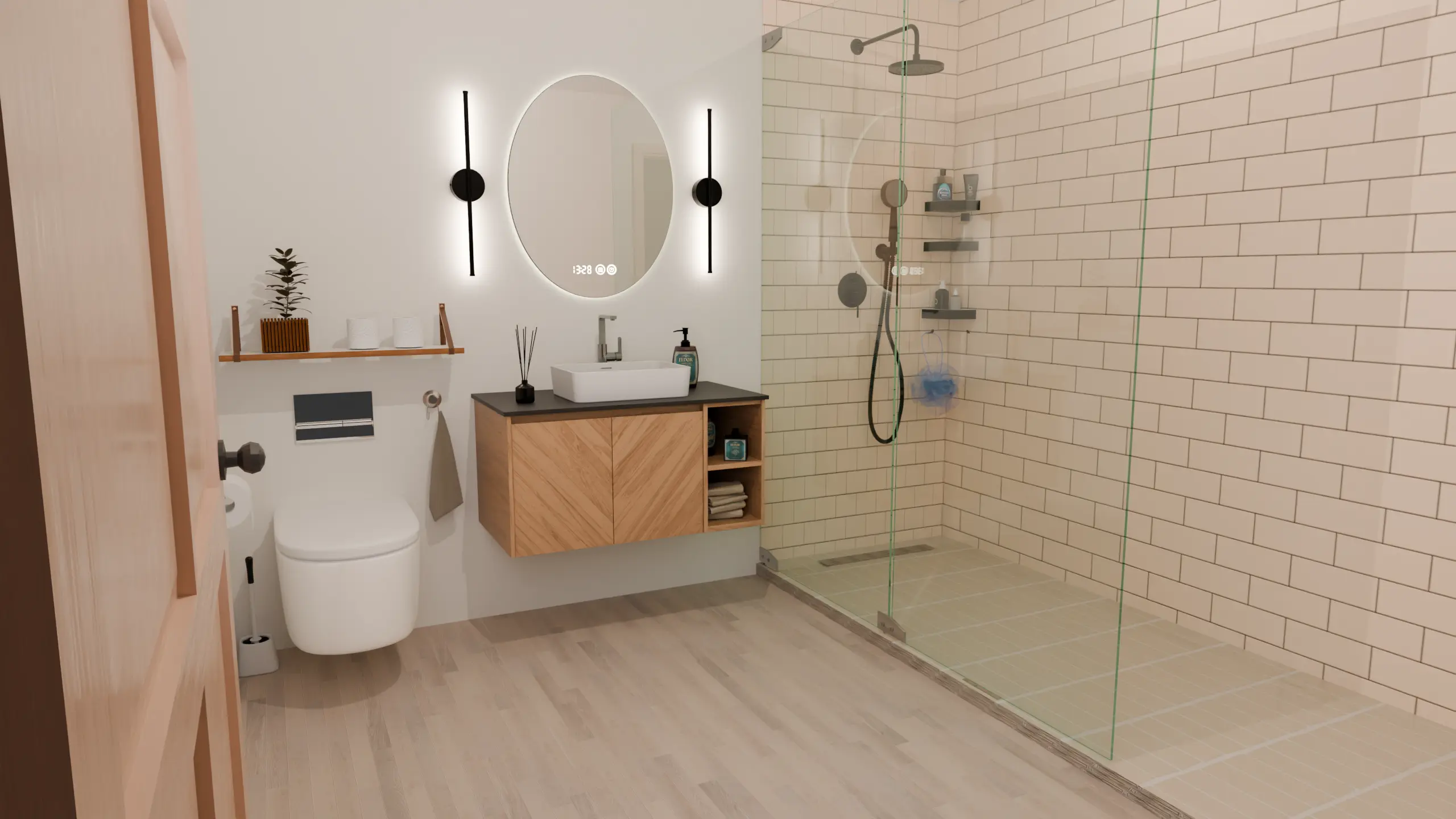 Small bathroom visualization with light oak-look plank flooring.