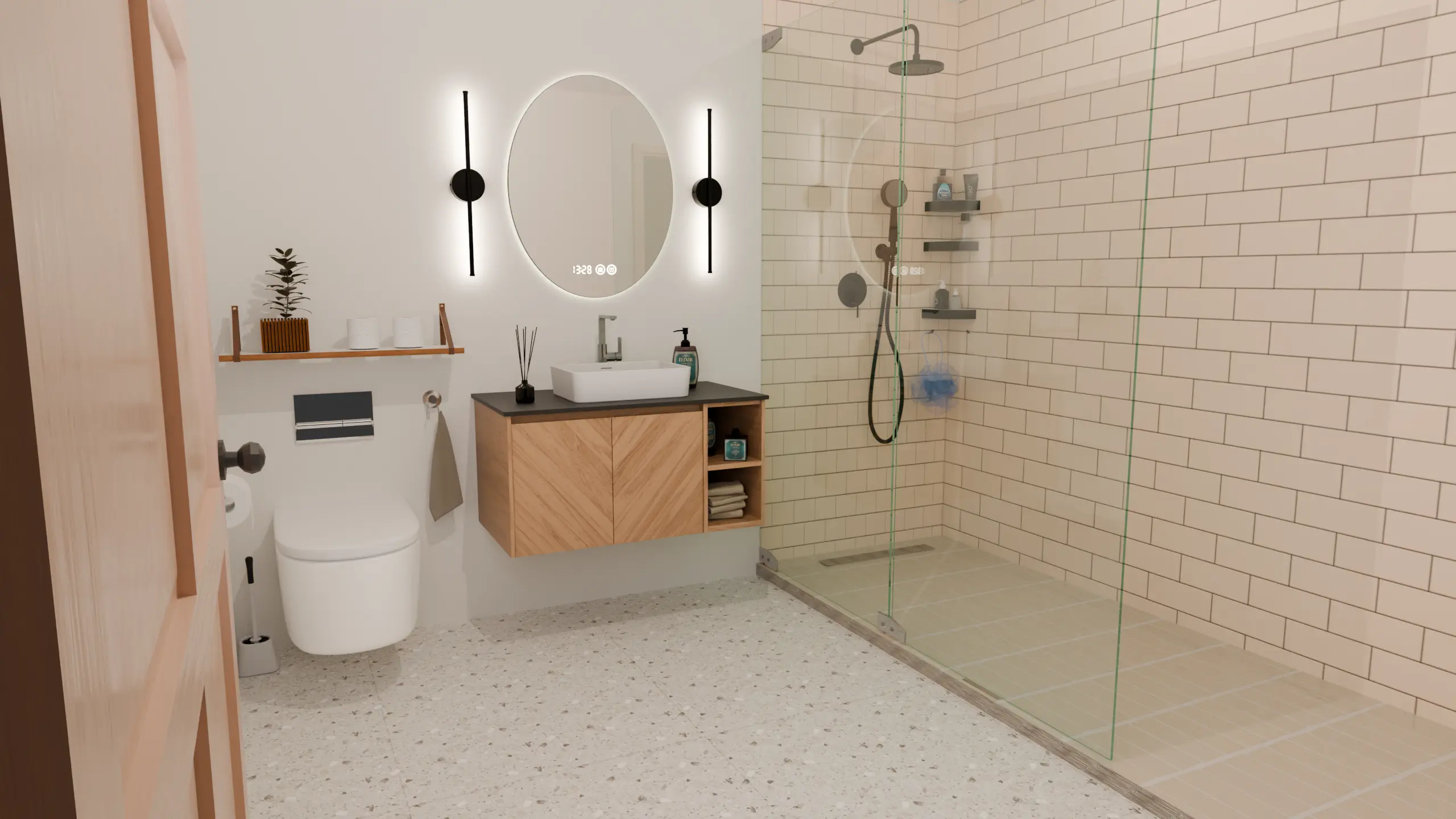 Small bathroom with light terrazzo-look floor tiles, a floating wood vanity, and a glass shower enclosure.