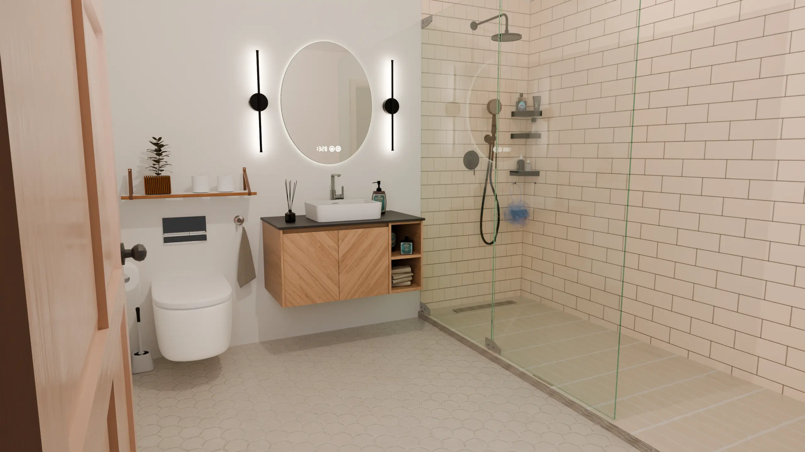 Small bathroom with off-white hexagonal floor tiles and cream shower walls.