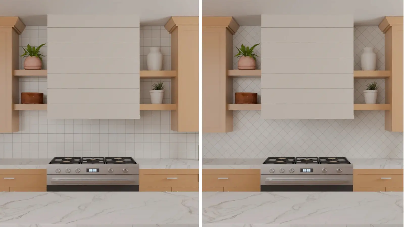 Stacked versus diagonal square tile kitchen backsplash