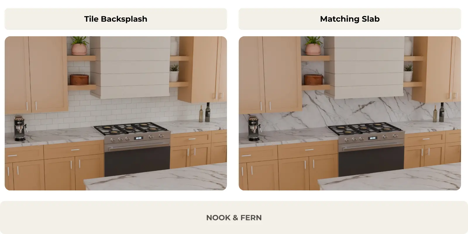 Side-by-side comparison of a white subway tile backsplash and a matching marble-look slab backsplash, both paired with the same veined countertop in a warm modern kitchen.