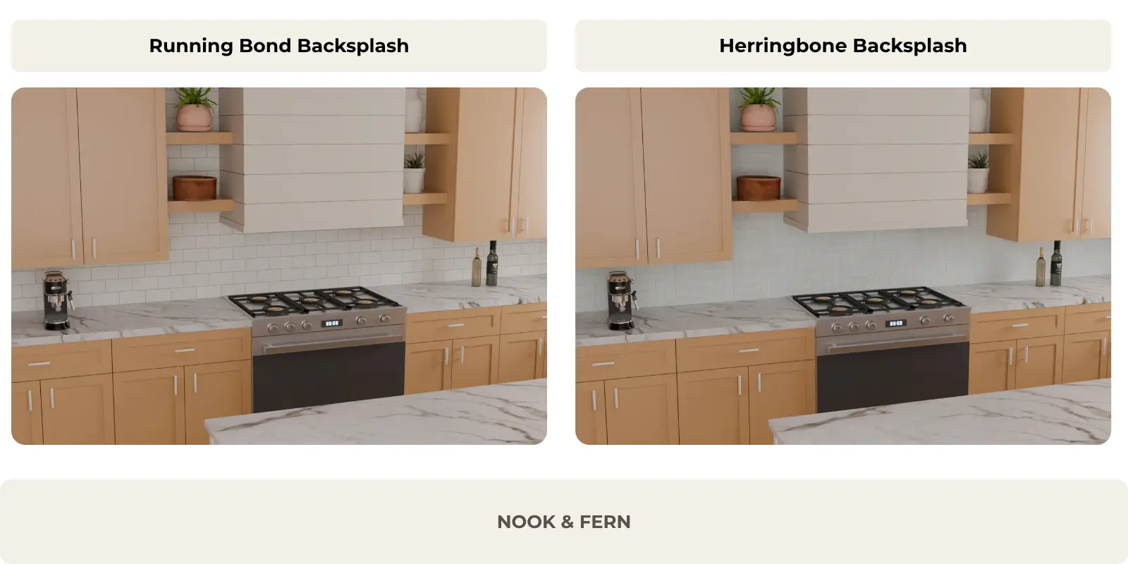 Side-by-side comparison of a veined white marble-look countertop paired with a white running bond tile backsplash and a white herringbone tile backsplash.