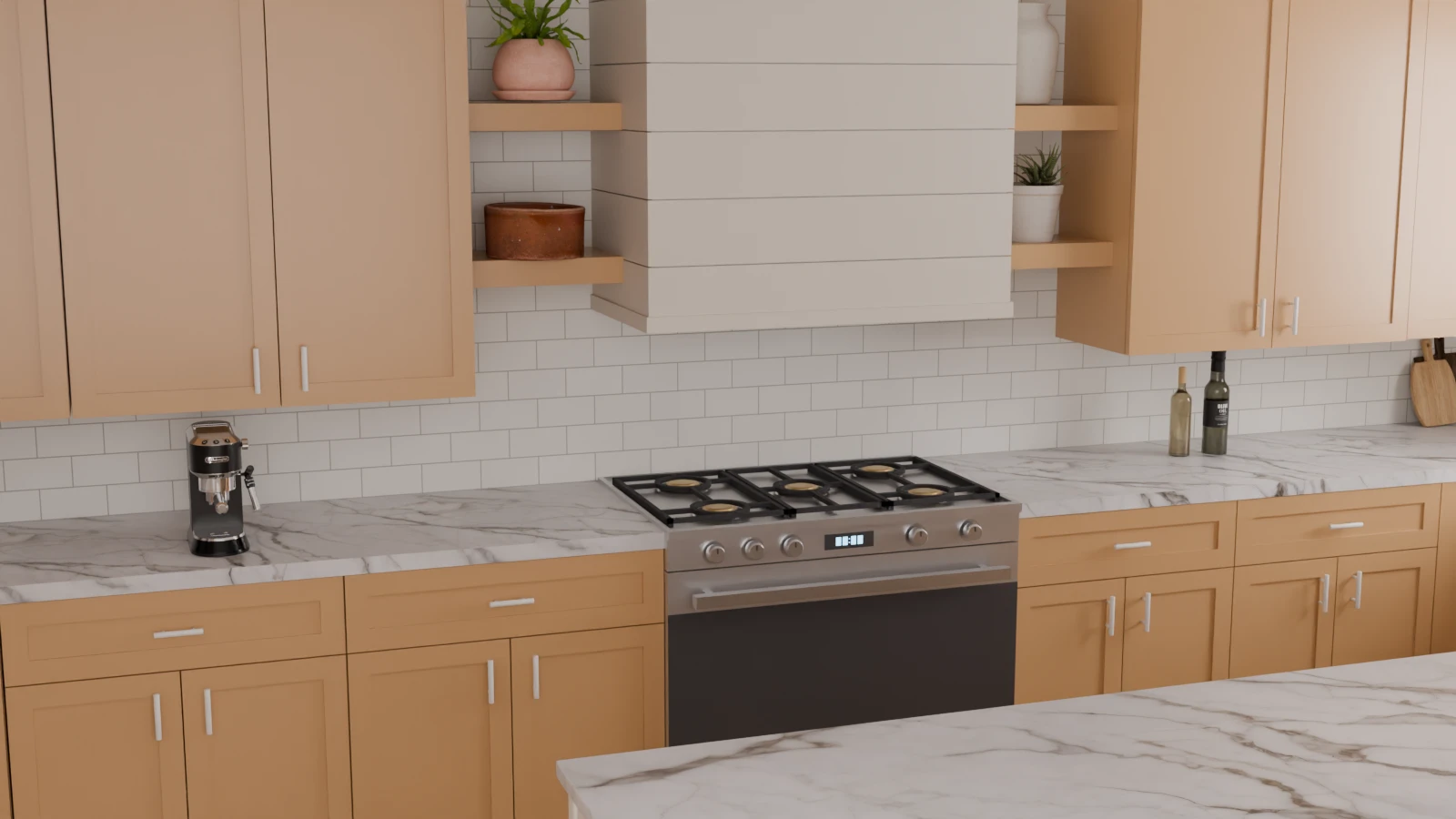 Warm kitchen with a strongly veined white marble-look countertop, white subway tile backsplash in a running bond pattern, and beige cabinets.