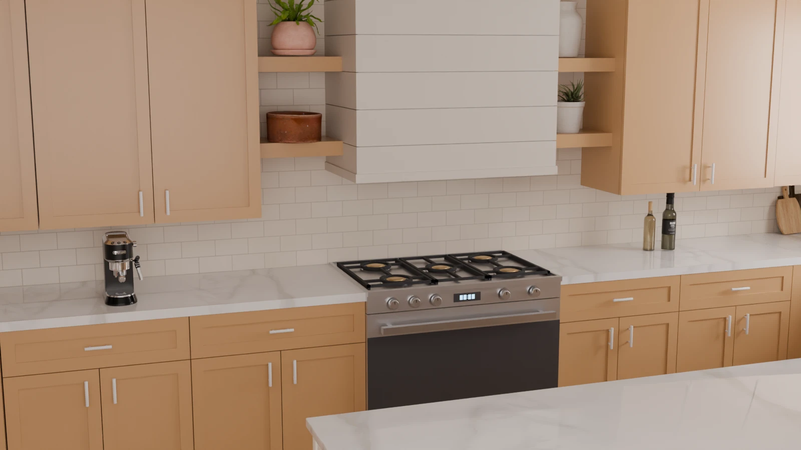 Warm modern kitchen with an ivory subway tile backsplash, a soft white marble-look countertop with subtle veining, and warm beige Shaker cabinets.