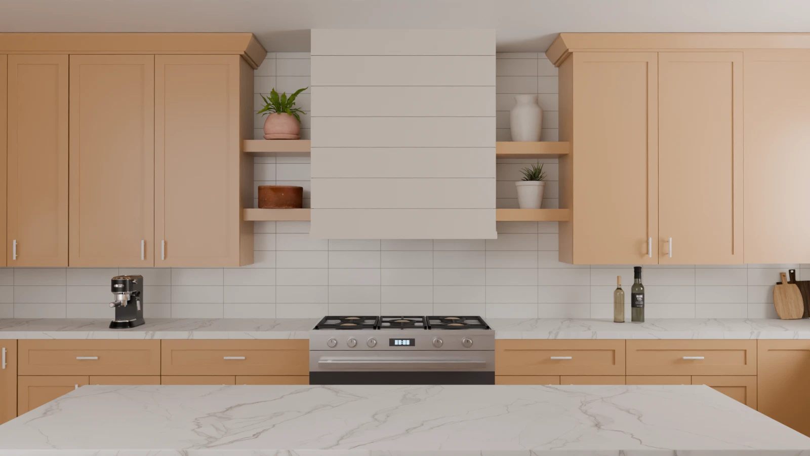 White large-format tile backsplash in a stacked horizontal layout in a warm modern kitchen